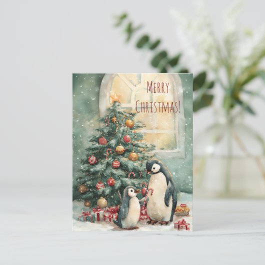 Cute penguins decorates Christmas tree, Christmas ポストカード (スタンド正面)