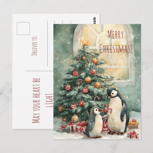Cute penguins decorates Christmas tree, Christmas  ポストカード (正面/裏面)