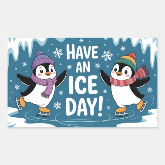 Cute Penguins Ice Skating Cartoon, Have an Ice Day 長方形シール (正面)