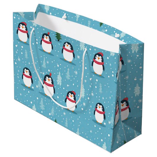 Cute Penguins on Light Blue with Snowflakes ラージペーパーバッグ (裏面アングル)