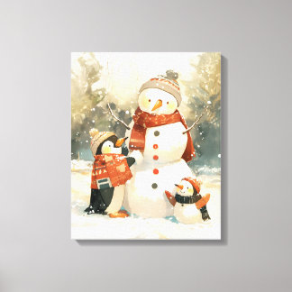 Cute Penguins & Snowman – Cozy Winter Watercolor キャンバスプリント