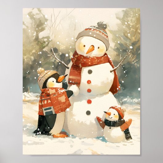 Cute Penguins & Snowman – Cozy Winter Watercolor ポスター (正面)