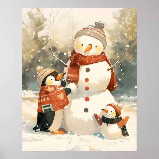 Cute Penguins & Snowman – Cozy Winter Watercolor ポスター (正面)