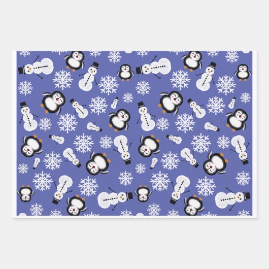 Cute Penguins & Snowmen Winter Pattern Wrapping  ラッピングペーパーシート (正面3)