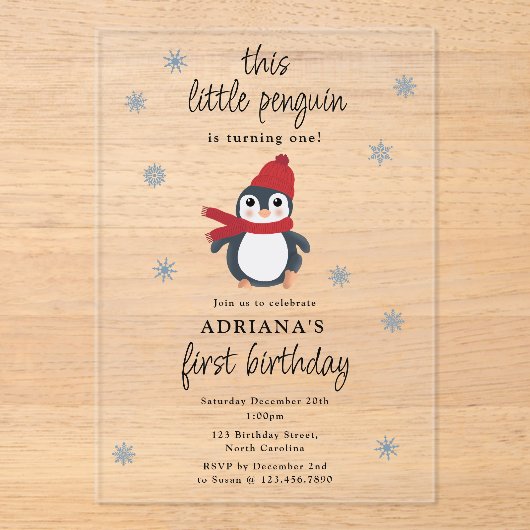 Cute Penguins Winter Birds Arctic Animals Birthday アクリル招待状 (正面)