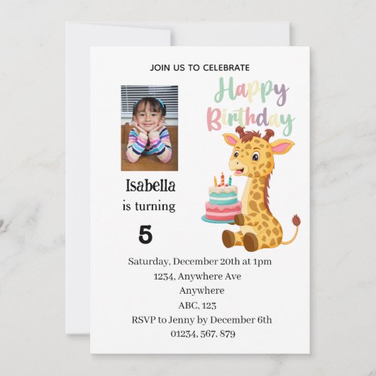 Cute Personalised Giraffe Birthday Party 招待状 (正面)