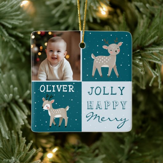 Cute Personalized Baby Photo Reindeer Christmas セラミックオーナメント (ツリー)