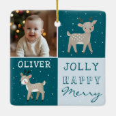 Cute Personalized Baby Photo Reindeer Christmas セラミックオーナメント (裏面)