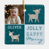 Cute Personalized Baby Photo Reindeer Christmas セラミックオーナメント (正面)