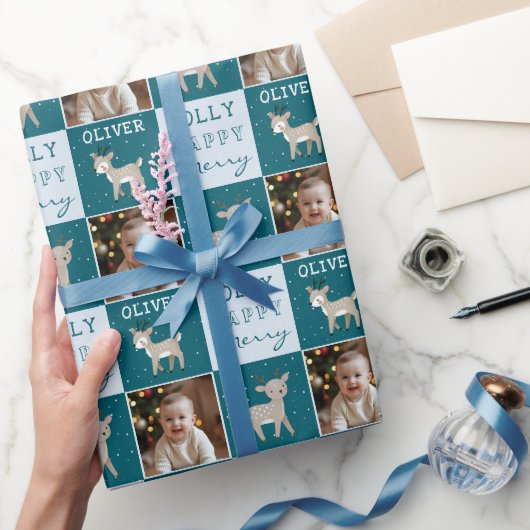 Cute Personalized Baby Photo Reindeer Christmas ラッピングペーパー (ギフト)