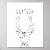 Cute Personalized Deer Black White Nursery Print ポスター (正面)