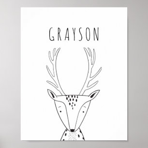 Cute Personalized Deer Black White Nursery Print ポスター