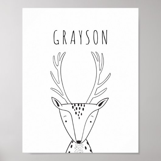 Cute Personalized Deer Black White Nursery Print ポスター (正面)