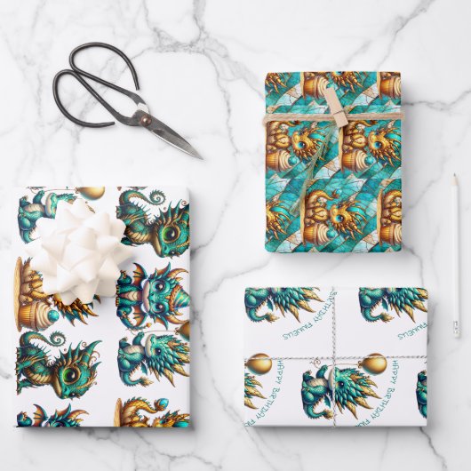 Cute Personalized Dragon Themed Birthday ラッピングペーパーシート (正面)