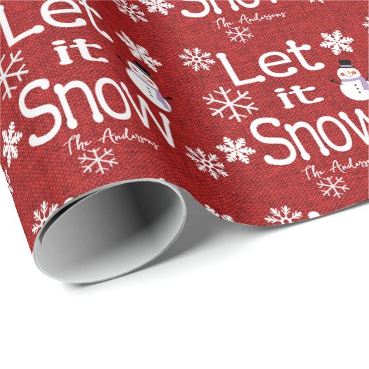 Cute Personalized Let it Snow Red Linen Snowman ラッピングペーパー (ロールコーナー)