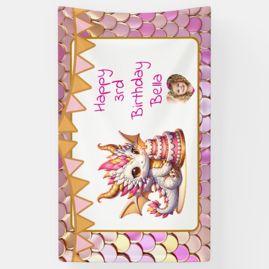 Cute Personalized Pink and Gold Dragon Birthday  横断幕 (縦)