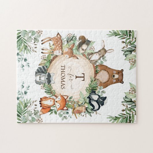 Cute Personalized Woodland Forest Animals Monogram ジグソーパズル (横)