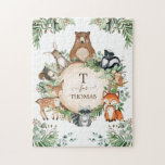 Cute Personalized Woodland Forest Animals Monogram ジグソーパズル<br><div class="desc">This adorable design features a group of cute forest animals and rustic watercolor botanical greenery. Personalize it with your child's name by clicking the "Personalize"button.</div>