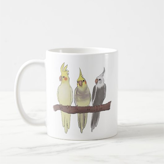 Cute Pet Cockatiels Flock on Perch Bird Lover コーヒーマグカップ (左)