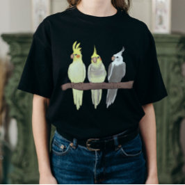 Cute Pet Cockatiels Flock on Perch Bird Lover Tシャツ