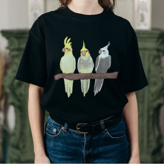 Cute Pet Cockatiels Flock on Perch Bird Lover Tシャツ