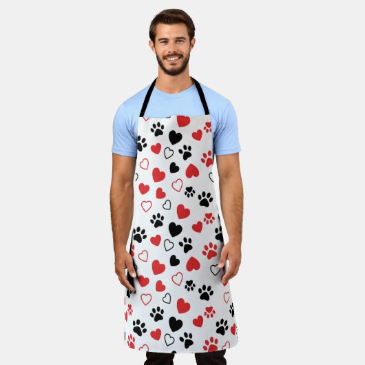 Cute Pet Paw Print and Heart Pattern Kitchen Apron エプロン (着用した状態)