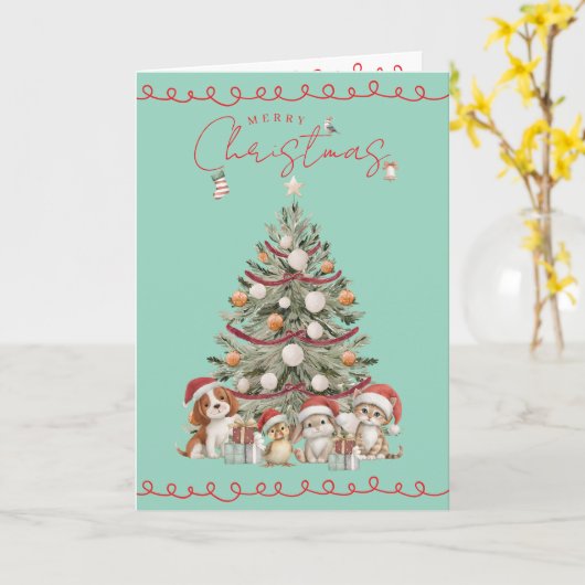 Cute Pets Christmas Aqua | Folded Greeting Card カード (黄色い花)