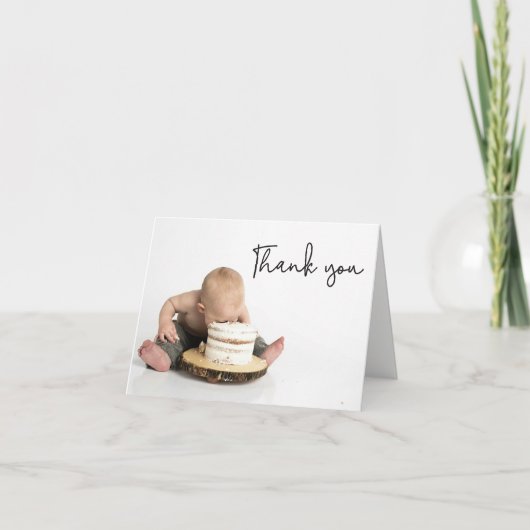 Cute Photo Baby Boy 1st Birthday Thank you  サンキューカード (正面)