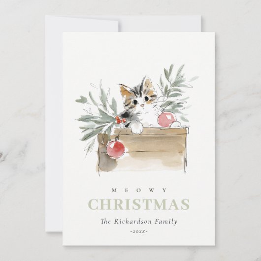 Cute Photo Watercolor Meowy Christmas Box Cat シーズンカード (正面)