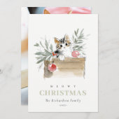 Cute Photo Watercolor Meowy Christmas Box Cat シーズンカード (正面/裏面)