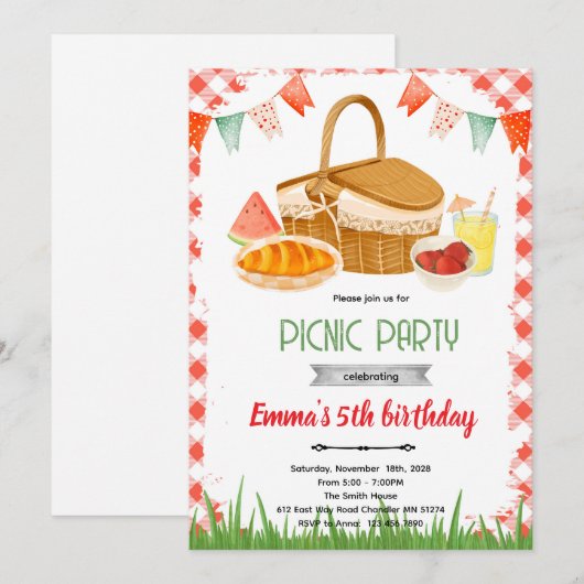 Cute picnic party theme invitation 招待状 (正面/裏面)