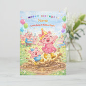 Cute Pig Golden Boots Muddy Puddle Party Kids 招待状 (スタンド正面)