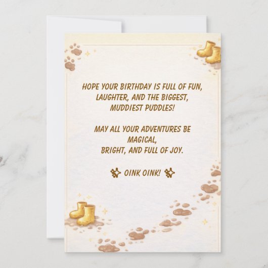 Cute Pig Golden Boots Muddy Puddle Party Kids 招待状 (裏面)