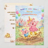 Cute Pig Golden Boots Muddy Puddle Party Kids 招待状 (正面/裏面)