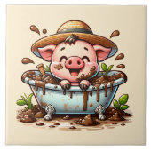 Cute pig in a mud bath bathroom タイル (正面)