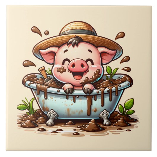 Cute pig in a mud bath bathroom タイル (正面)