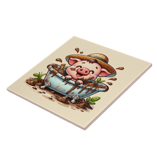 Cute pig in a mud bath bathroom タイル (側面)