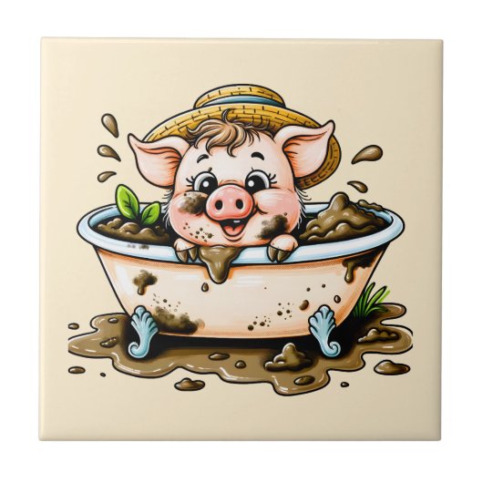 Cute pig in a mud bath bathroom  タイル (正面)