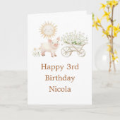 Cute Pig Wheelbarrow  Birthday Party カード (黄色い花)