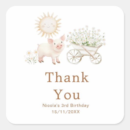 Cute Pig Wheelbarrow Birthday Party スクエアシール (正面)