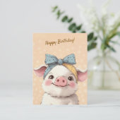 Cute Pig with Bandana Kids Birthday Invitation ポストカード (スタンド正面)