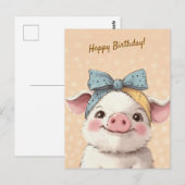Cute Pig with Bandana Kids Birthday Invitation ポストカード (正面/裏面)