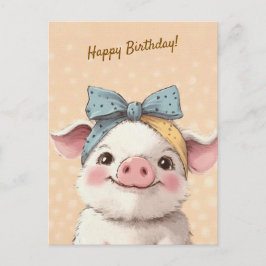 Cute Pig with Bandana Kids Birthday Invitation ポストカード