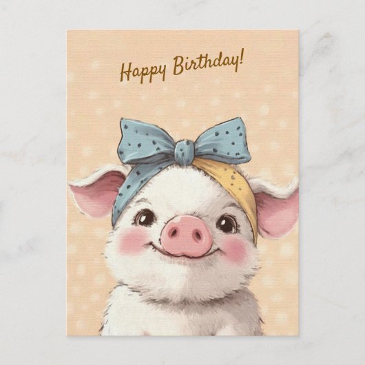 Cute Pig with Bandana Kids Birthday Invitation ポストカード (正面)