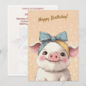 Cute Pig with Bandana Kids Birthday Invitation 招待状 (正面/裏面)