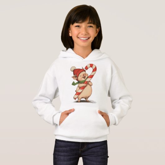Cute Pig with Candy Cane Kids Hoodie (正面フル)