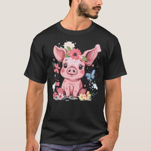 Cute Pig With Flowers I Kids Pig Tシャツ (正面)