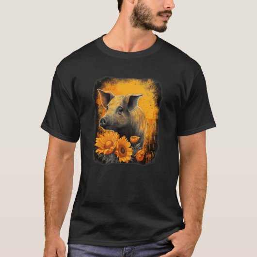Cute pig with sunflower portrait orange and black  tシャツ (正面)