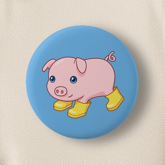 Cute Piglet Pig in Yellow Rubber Boots Blue 缶バッジ