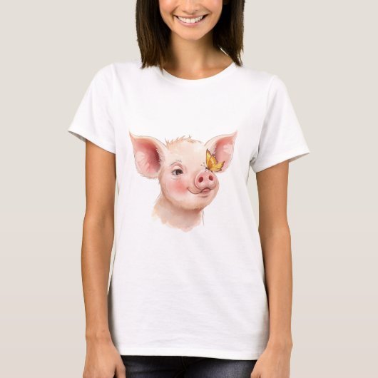 Cute Piglet with Butterfly on nose T-Shirt Tシャツ (正面)